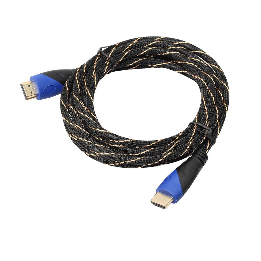 Black and gold male to male video cable with blue black head net and aluminium alloy core in multiple lengths