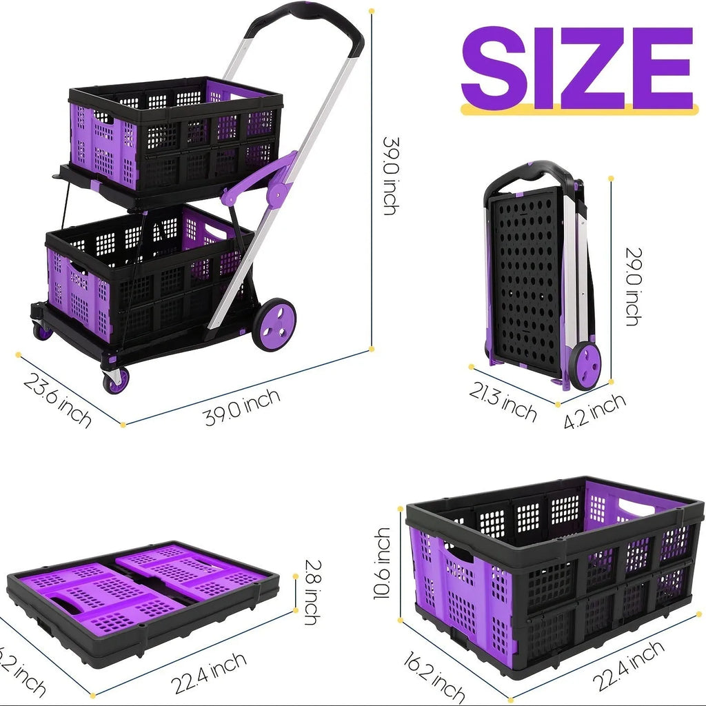 Blue foldable shopping trolley with two plastic baskets shown in an unfolded state.