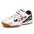 White and blue casual badminton shoes with low-top PVC upper and ribbed non-slip sole