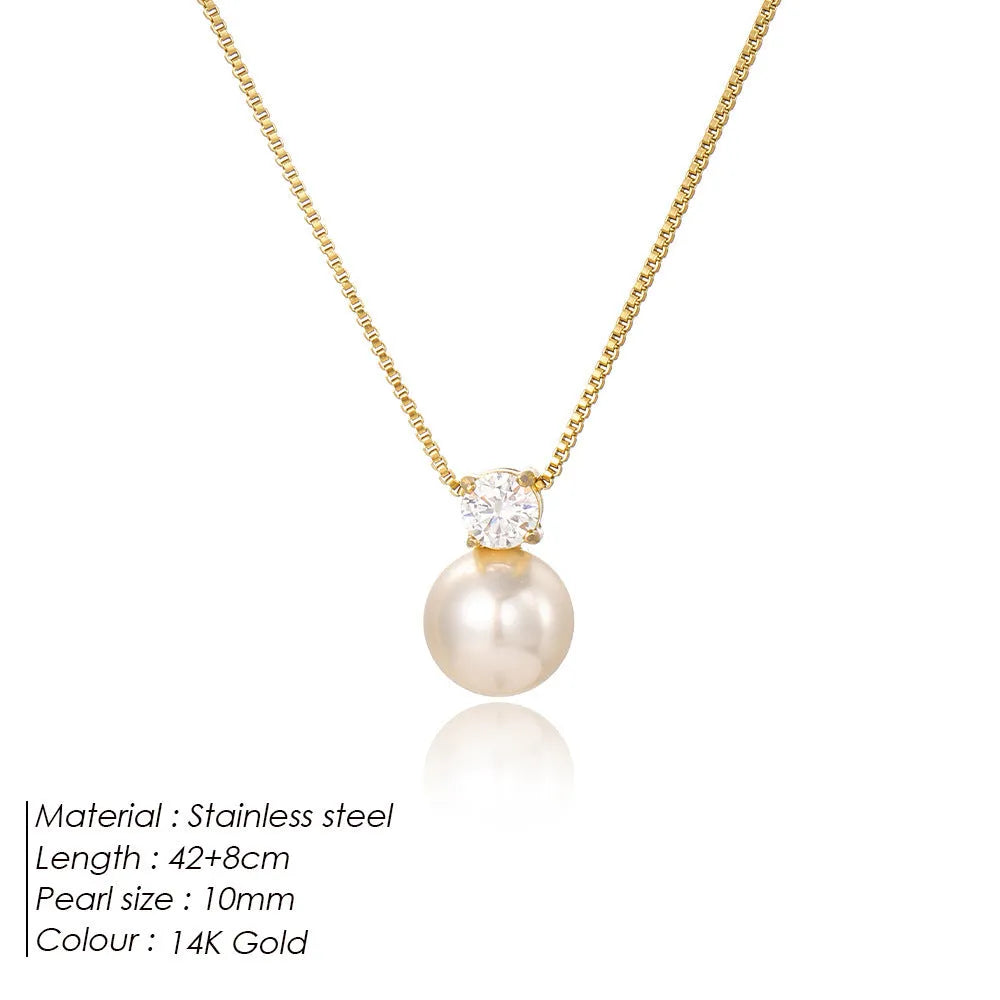 Women's stainless steel necklace with imitation pearl and zircon pendant in gold or steel colour