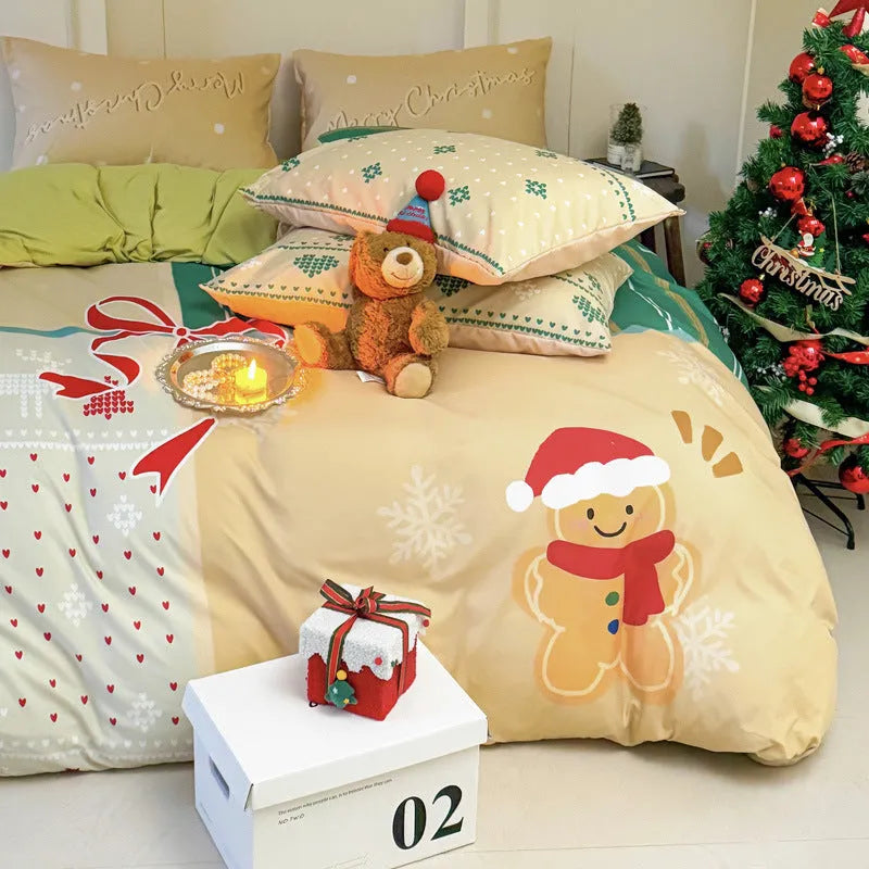 Super soft washed cotton cartoon printed bedding four-piece set on a bed, showing Gingerbread Man design.