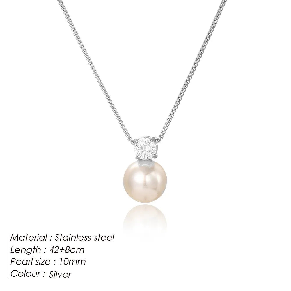 Women's stainless steel necklace with imitation pearl and zircon pendant in gold or steel colour