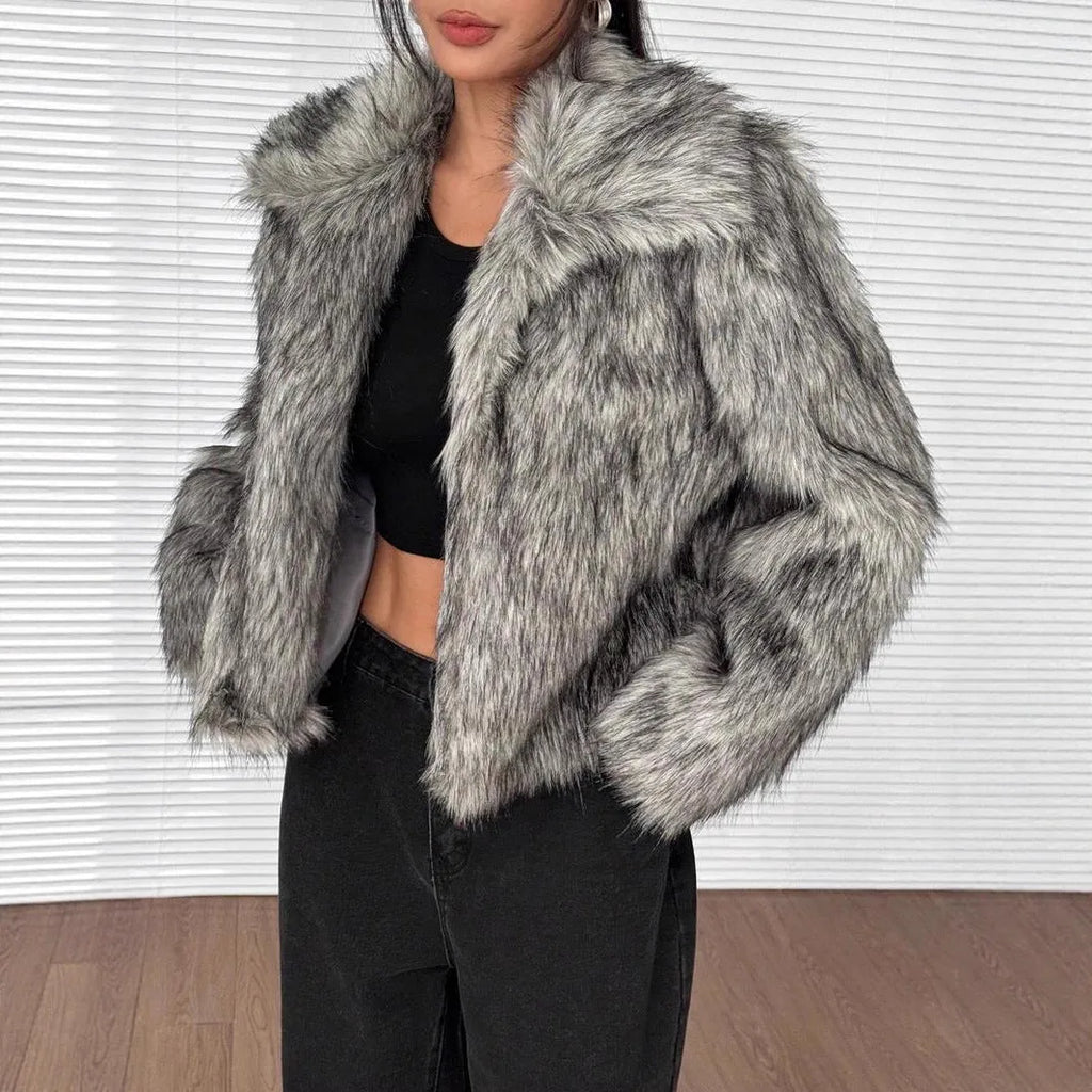 Artificial fur coat with fur collar in multiple colour options including black tip and Maojian tea patterns