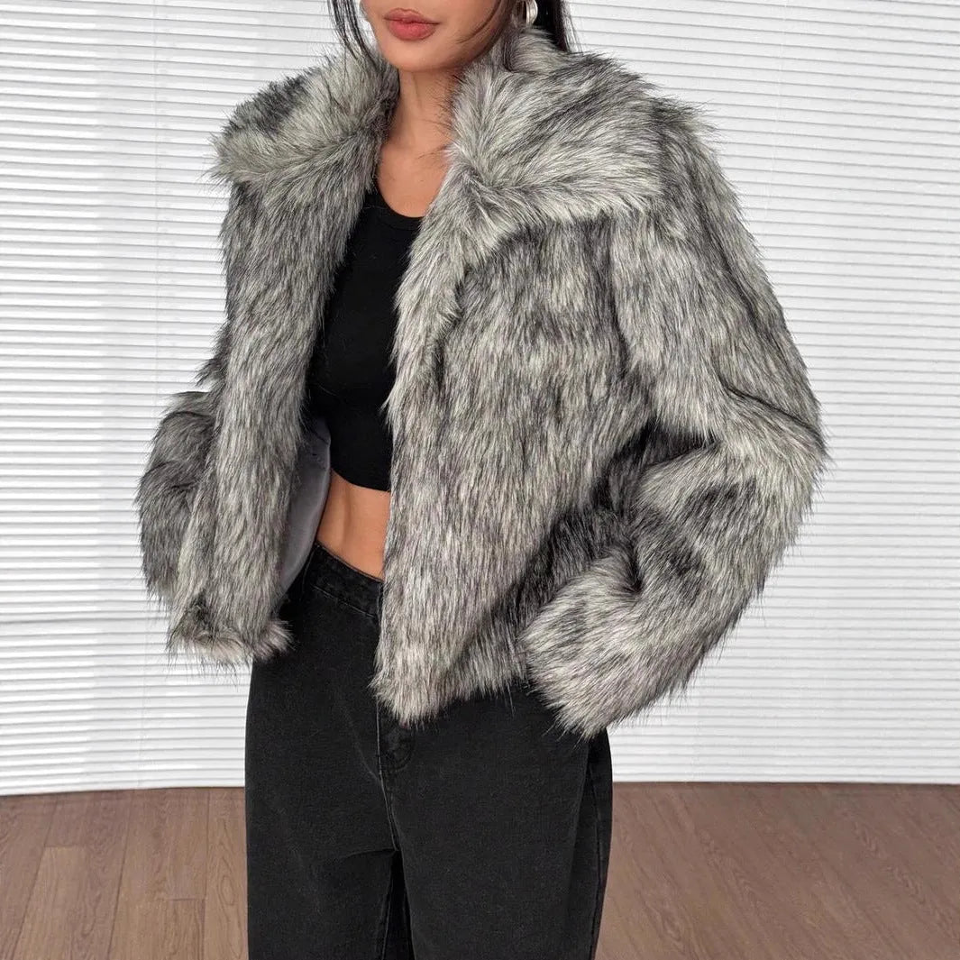 Artificial fur coat with fur collar in multiple colour options including black tip and Maojian tea patterns