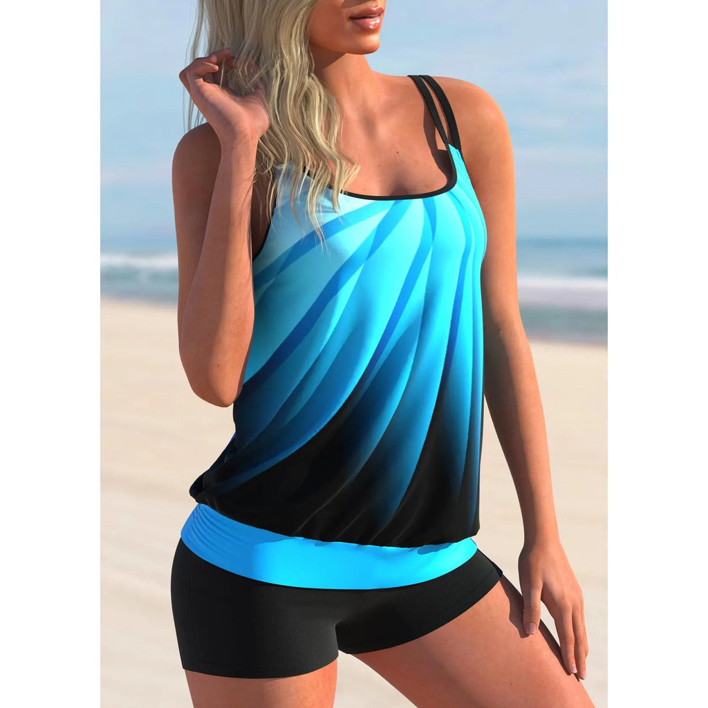 Butterfly print plus size women's swim shorts and strapless bikini top set on a mannequin.