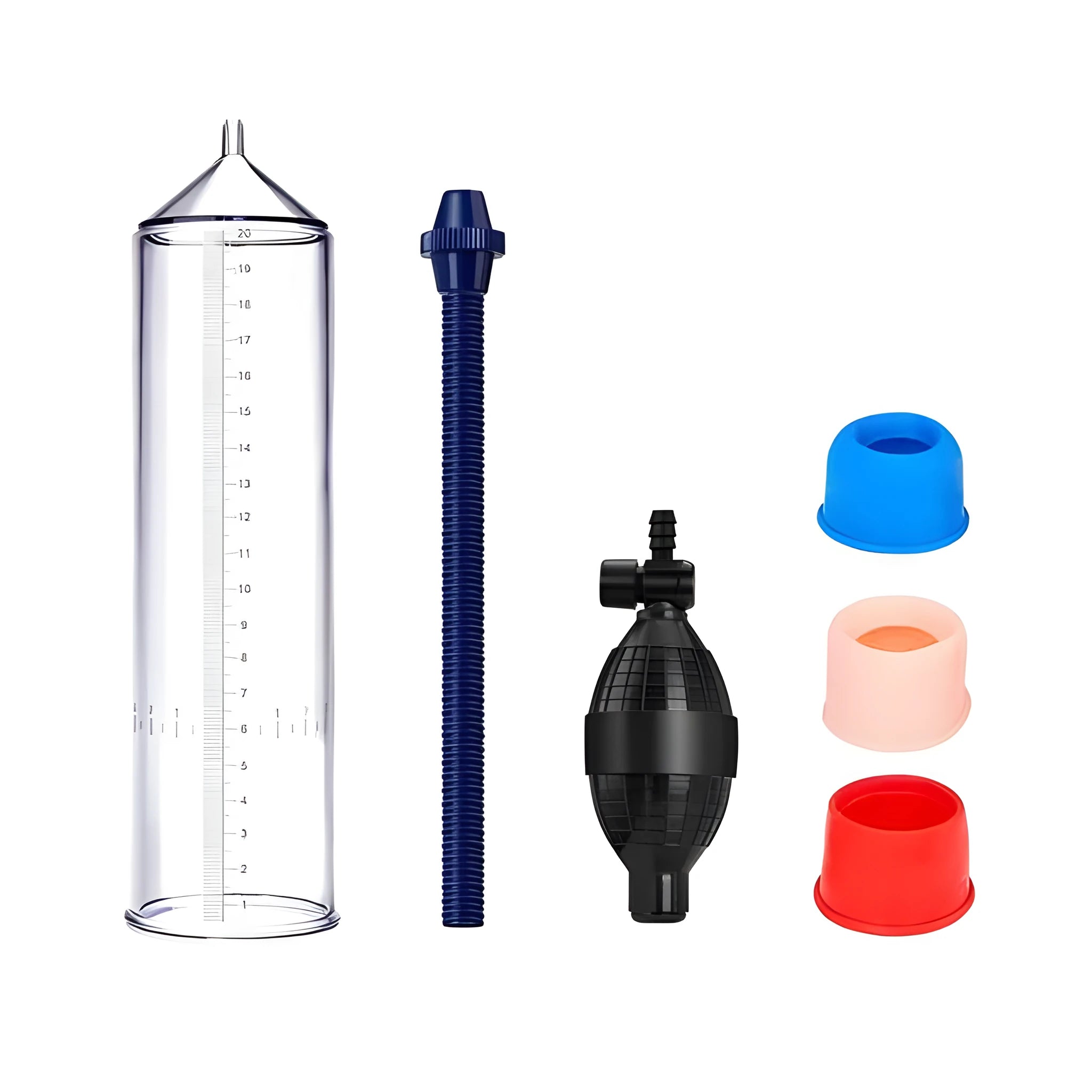Silicone cover replacement set for a male manual exercise machine with bulb and sealing rings.
