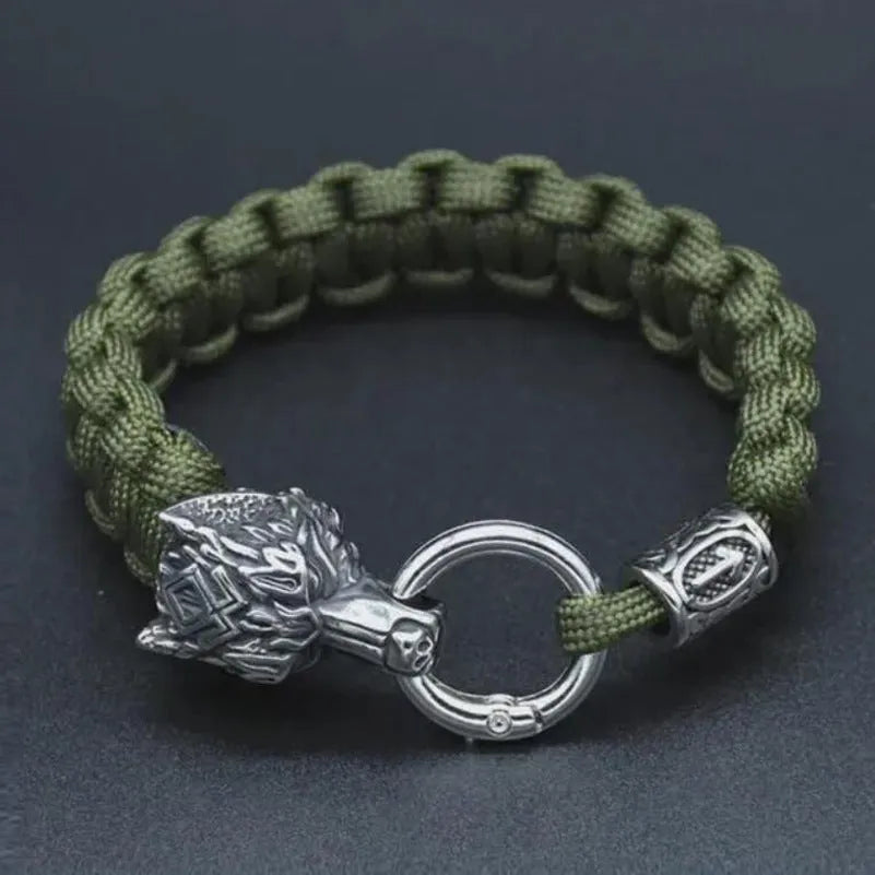 Handmade stainless steel Luen wolf head bracelet in camouflage colour showing size options.
