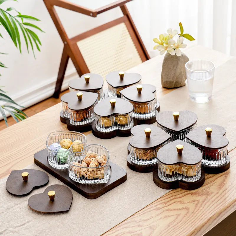 Transparent glass snack tray with heart-shaped lid and multiple grids for hotel foot bath service