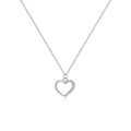 Sterling silver hollow heart pendant necklace on a regular chain, available in white gold or platinum plating.