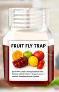 Clear plastic bottle of fruit fly trapper bait liquid with labelling showing specifications