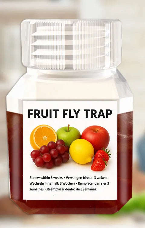 Clear plastic bottle of fruit fly trapper bait liquid with labelling showing specifications