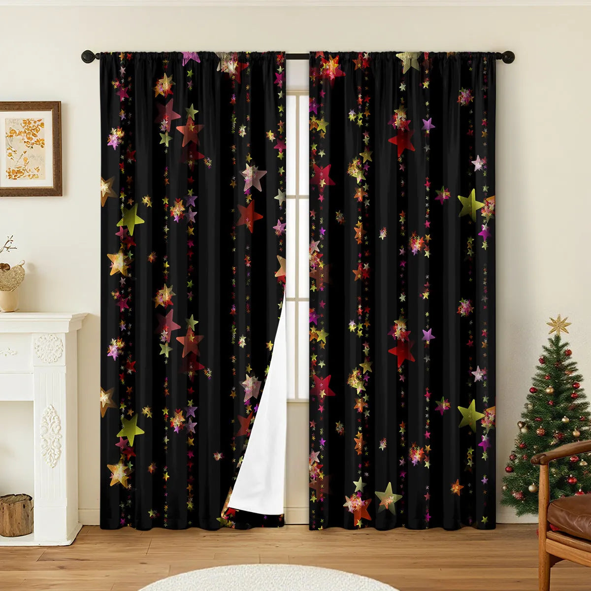 A pair of 3D digitally printed Christmas curtains with a festive European pattern hung on a window.