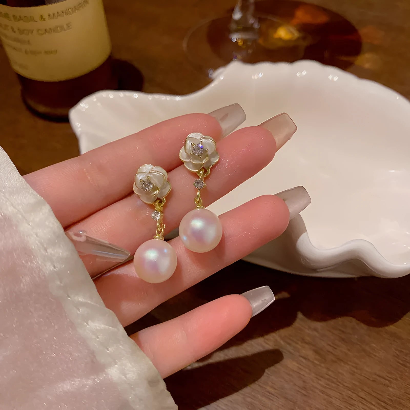 Camellia flower stud earrings for women with detailed floral design and alloy construction