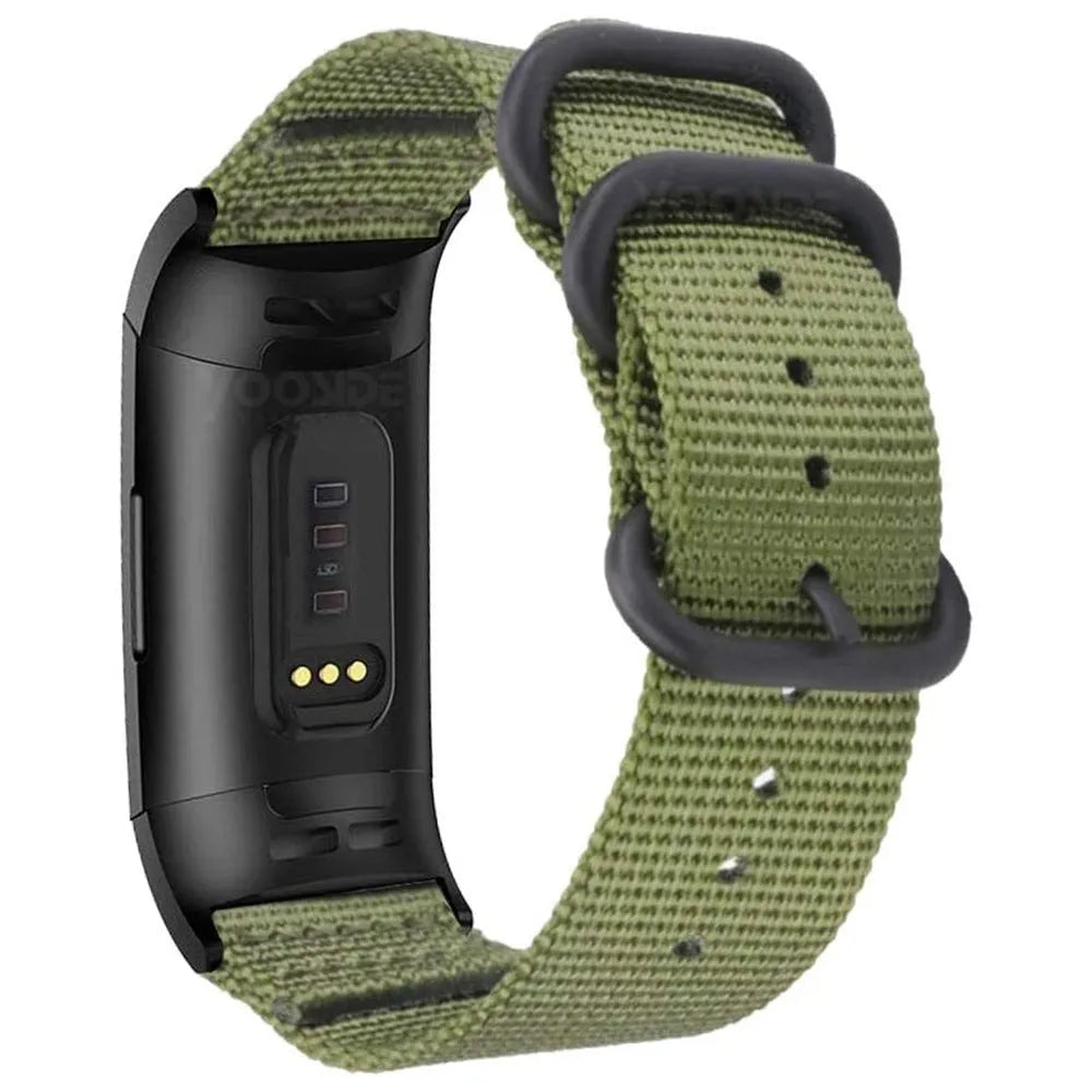 Nylon three-ring buckle replacement strap for Fitbit Charge fitness trackers in multiple colours.