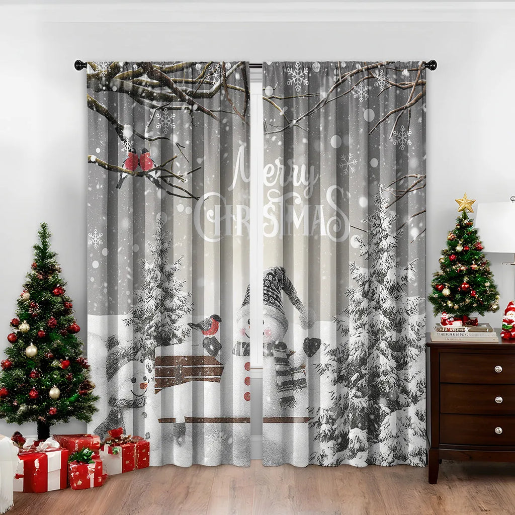3D digitally printed Christmas curtain panel showing a modern European festive design, made from polyester fabric.