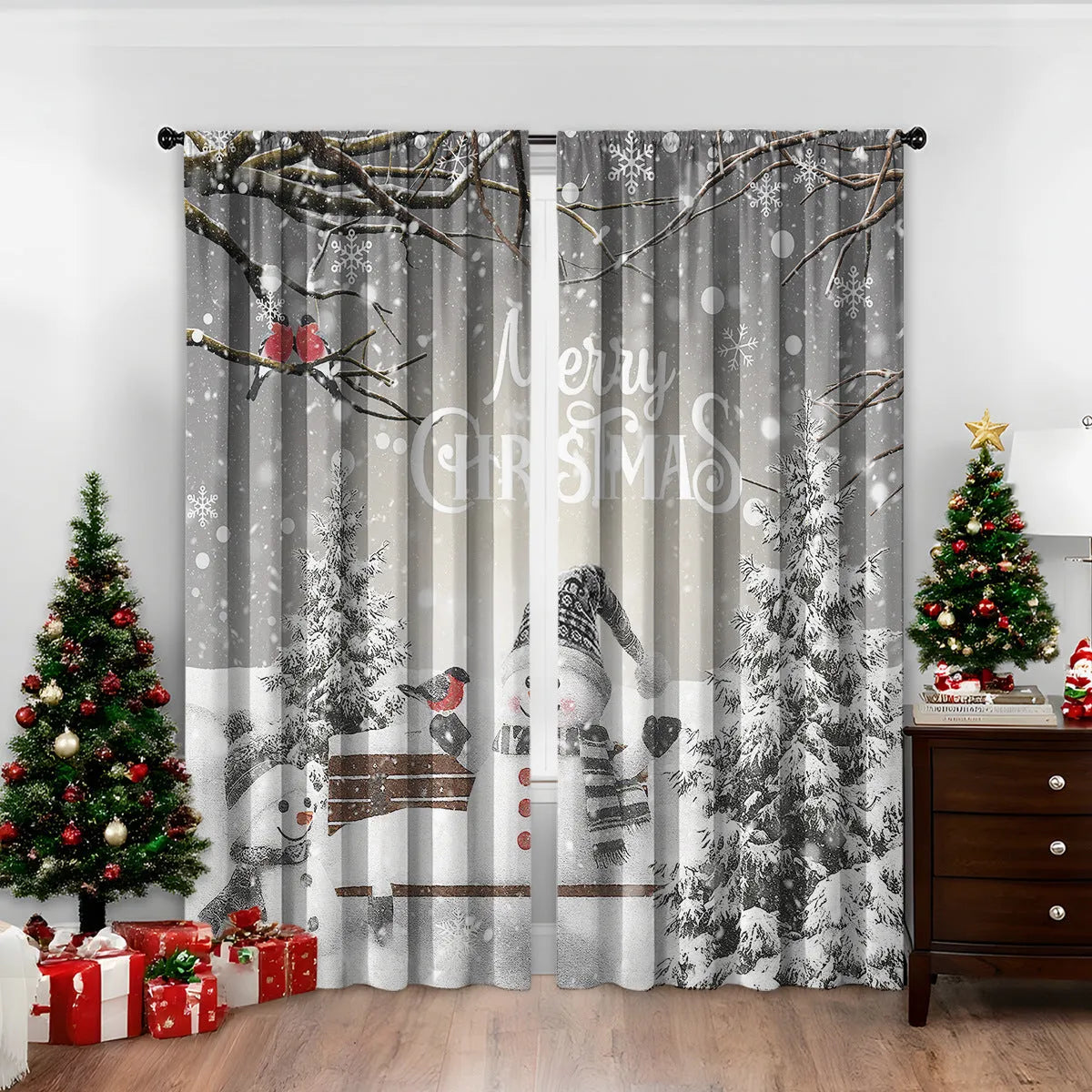 3D digitally printed Christmas curtain panel showing a modern European festive design, made from polyester fabric.