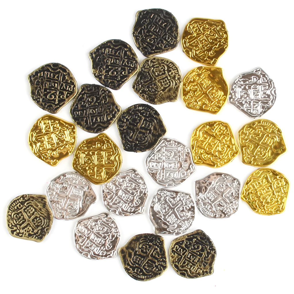 Set of 100 plastic Roman pirate coins with bronze, gold, or silver electroplated finish