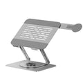 Silver carbon steel laptop stand with a rotatable magnetic phone holder attached to the side.