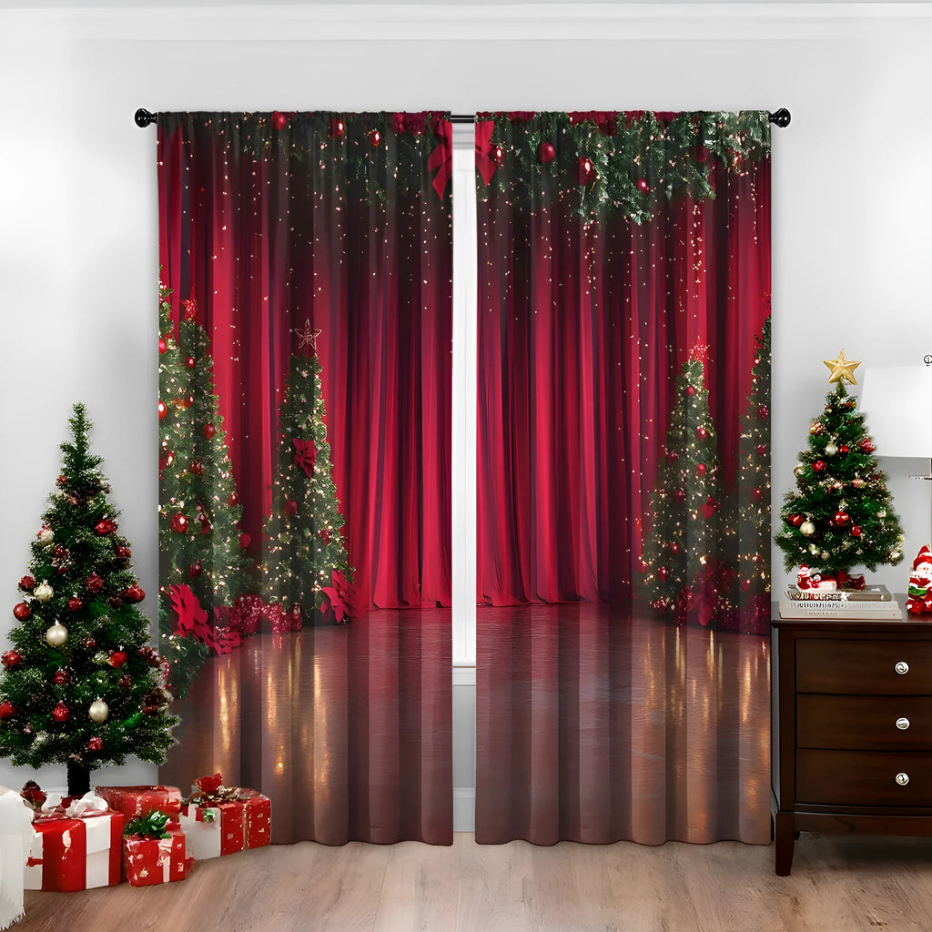 A pair of 3D digitally printed Christmas curtains with a festive European pattern hung on a window.