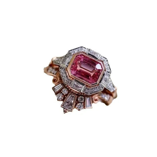 Rose gold geometric retro-style women's fashion ring with ruby aesthetic detail