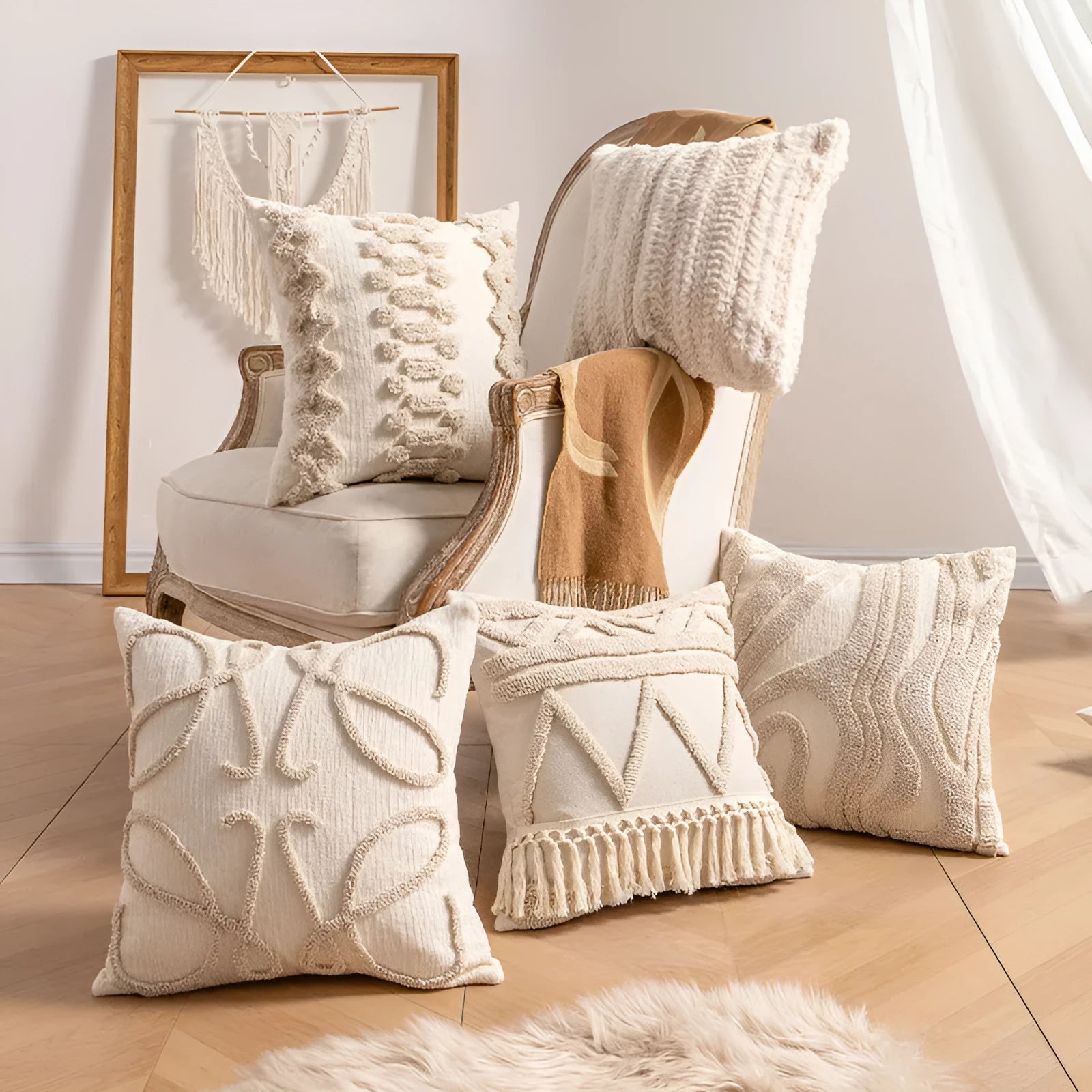 Knitted cushion cover with tassel trim in stripe pattern, available in six colours including spiral dots and woven rabbit fur