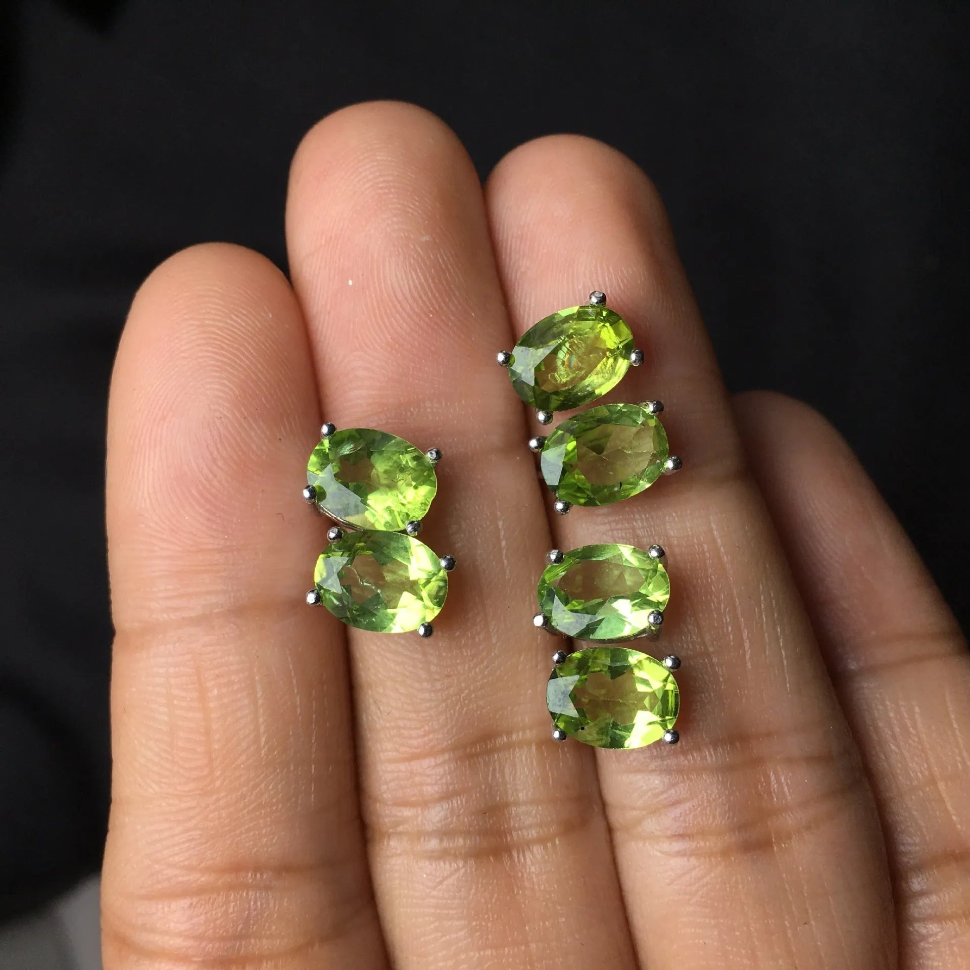 Natural grass green olivine stud earrings in S925 silver with 6×8mm elliptical stone