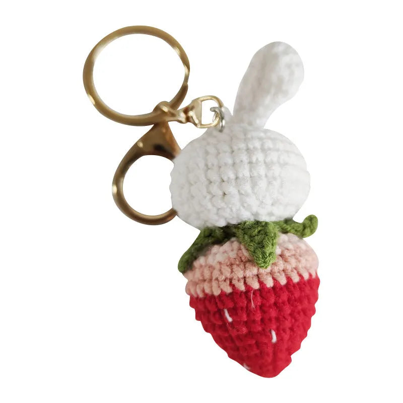 Hand-woven white rabbit strawberry pendant made from doll wire with attachment key