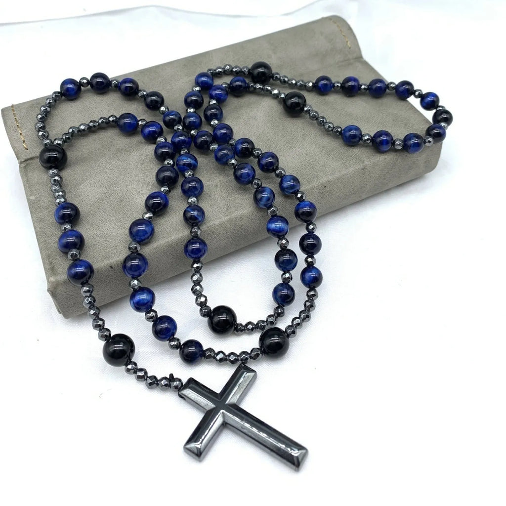 Men's stone cross pendant necklace on an 80cm ball bead chain with safety lock clasp