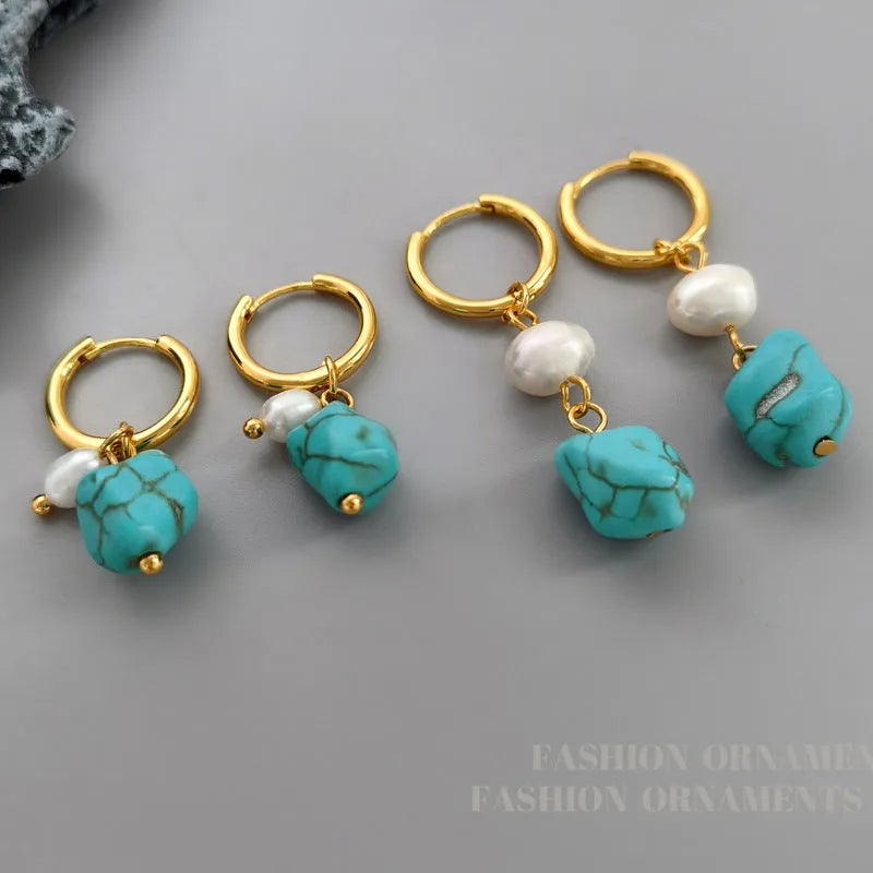 Geometric cultured pearl and turquoise ear clip earrings showing both short and dangle styles
