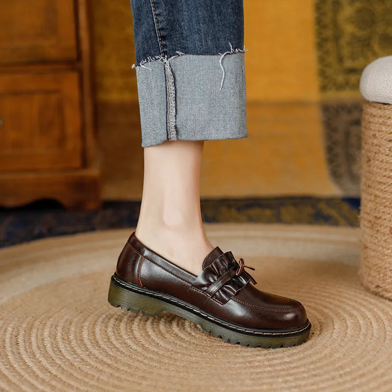 British style women's leather shoes with round toe and chunky flat heel in black or brown