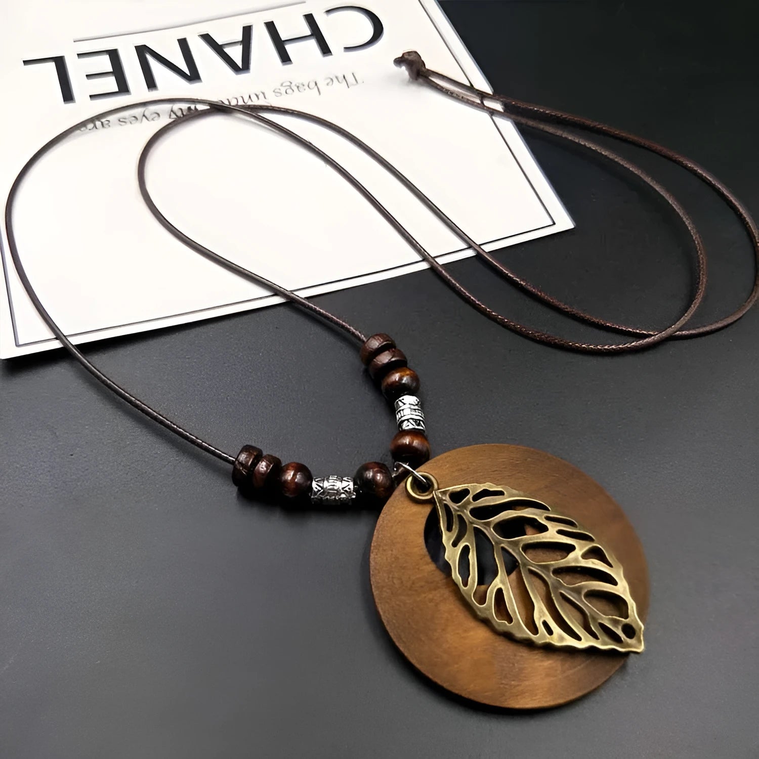 Wooden leaf ethnic necklace with adjustable wax line chain in leaves colour