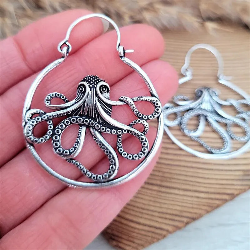 Antique silver octopus earrings with detailed animal zodiac design on zinc alloy