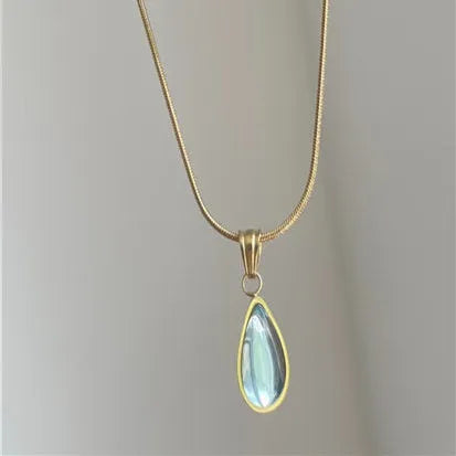 Water drop necklace with gem inlay pendant on titanium steel snake bones chain in blue or green