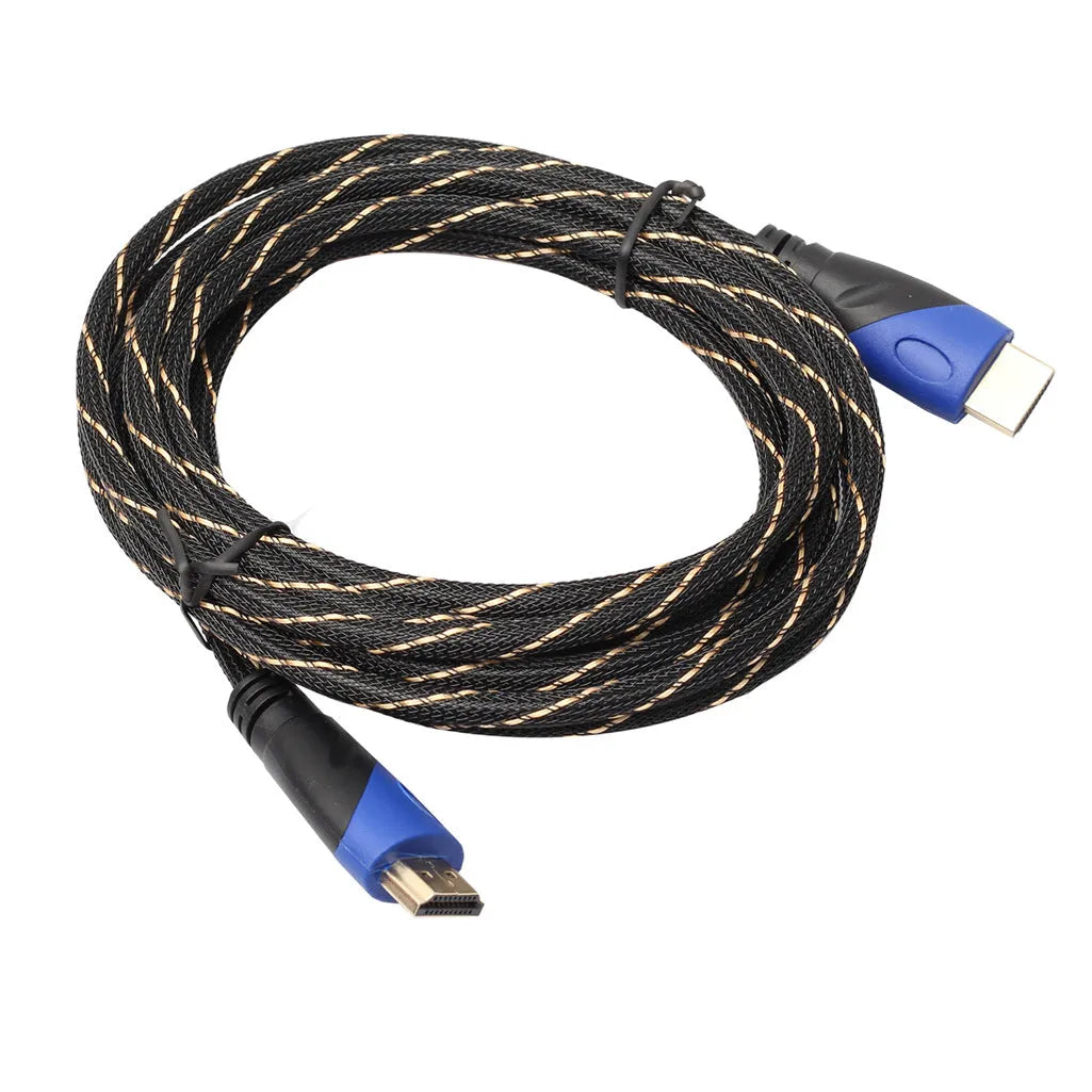 Black and gold male to male video cable with blue black head net and aluminium alloy core in multiple lengths