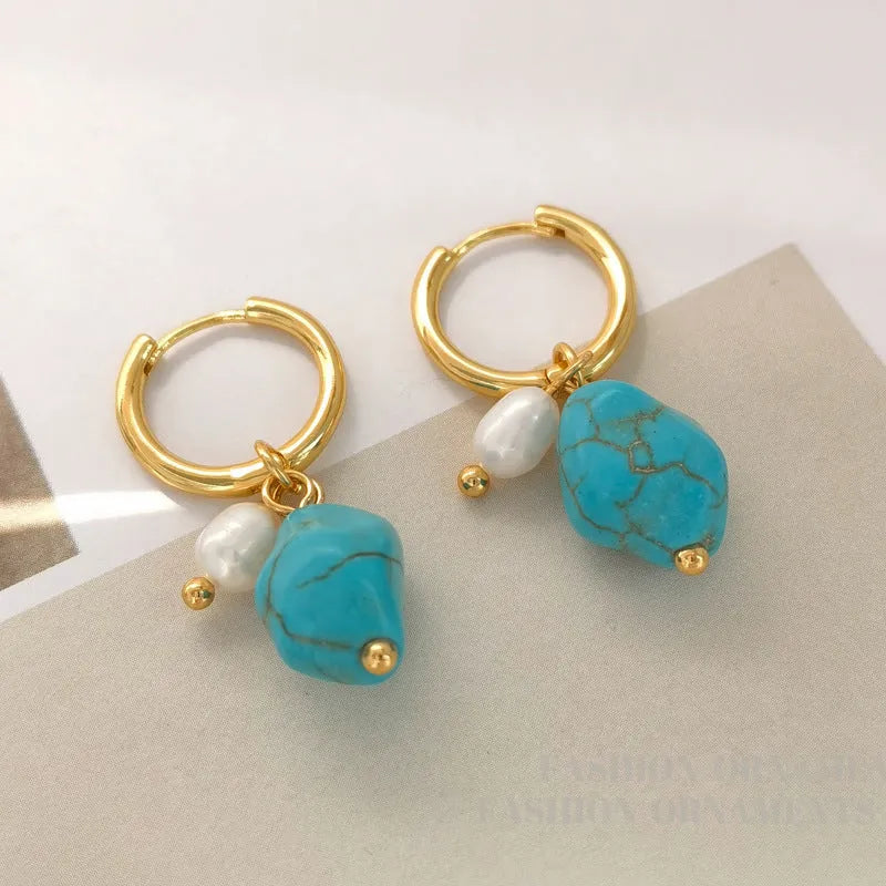 Geometric cultured pearl and turquoise ear clip earrings showing both short and dangle styles