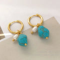 Geometric cultured pearl and turquoise ear clip earrings showing both short and dangle styles