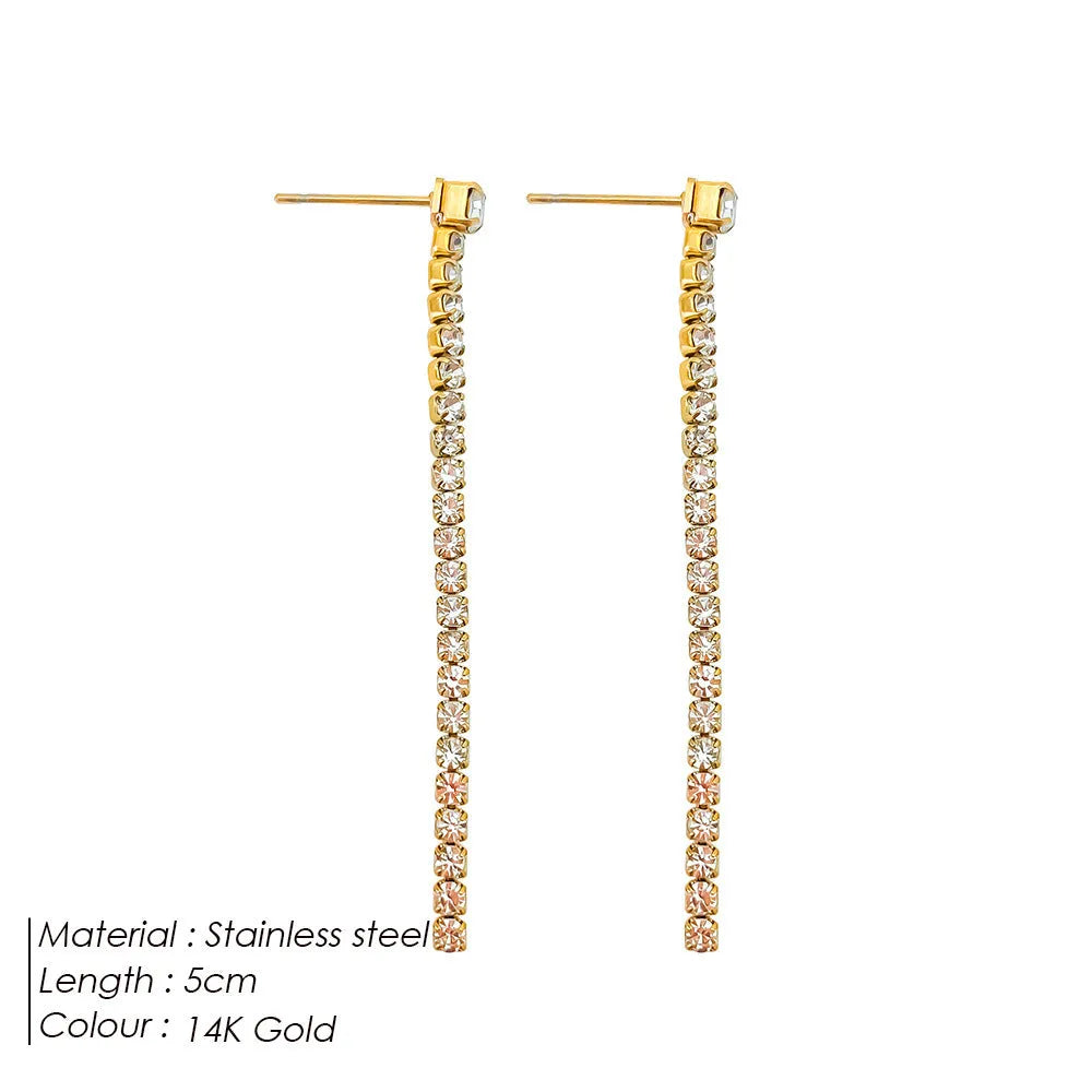 Geometric line zircon drop earrings in stainless steel with gold or steel colour options