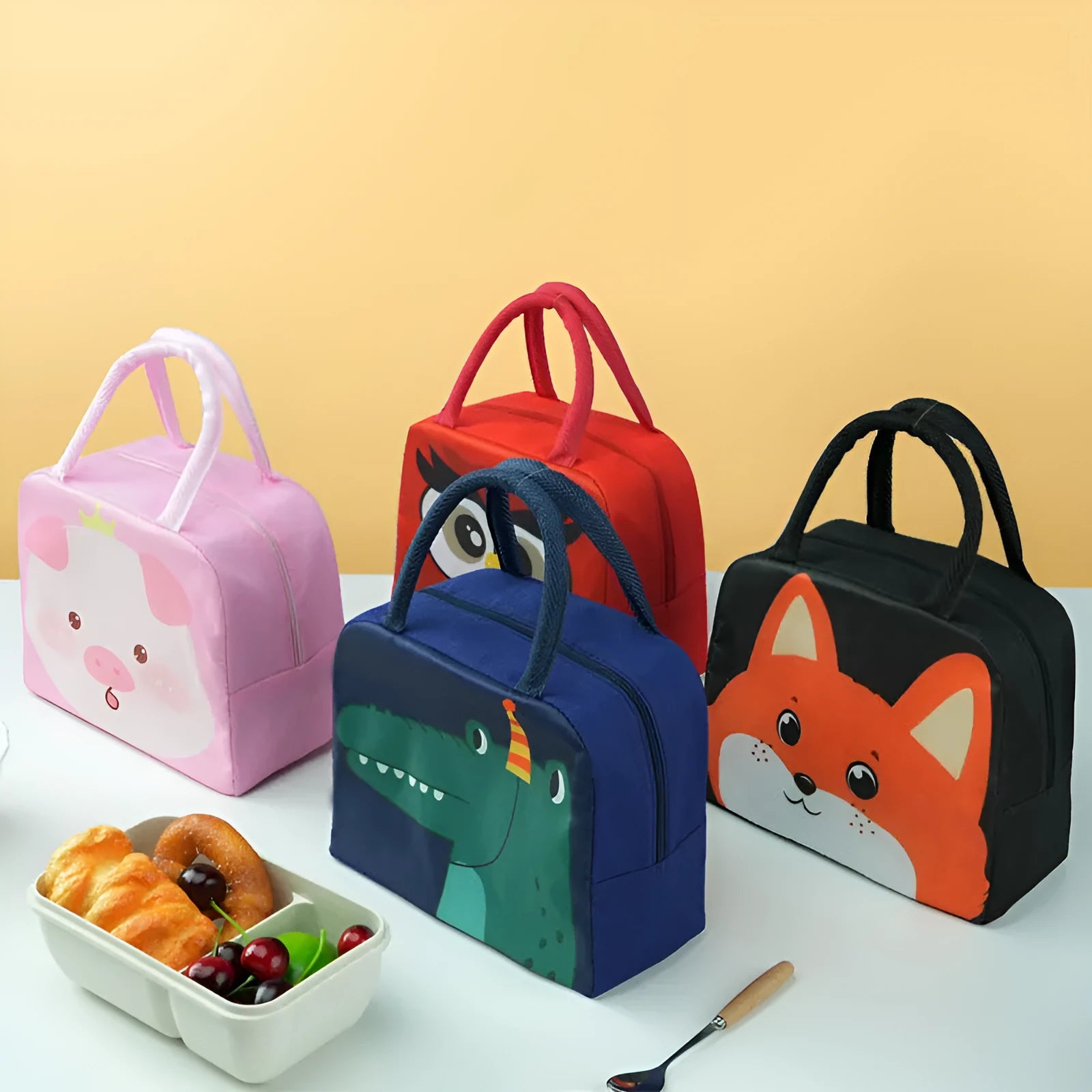 Orange bear cartoon insulated lunch bag for children with aluminium foil lining.