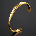 Stainless steel open-ended bracelet with zircon inlay in gold, rose, or steel colour options