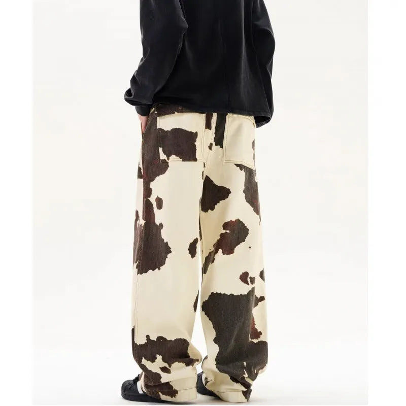 Men's straight-leg trousers with American retro cows pattern in 7698 cow colour, mid waist, and cardigan button fly