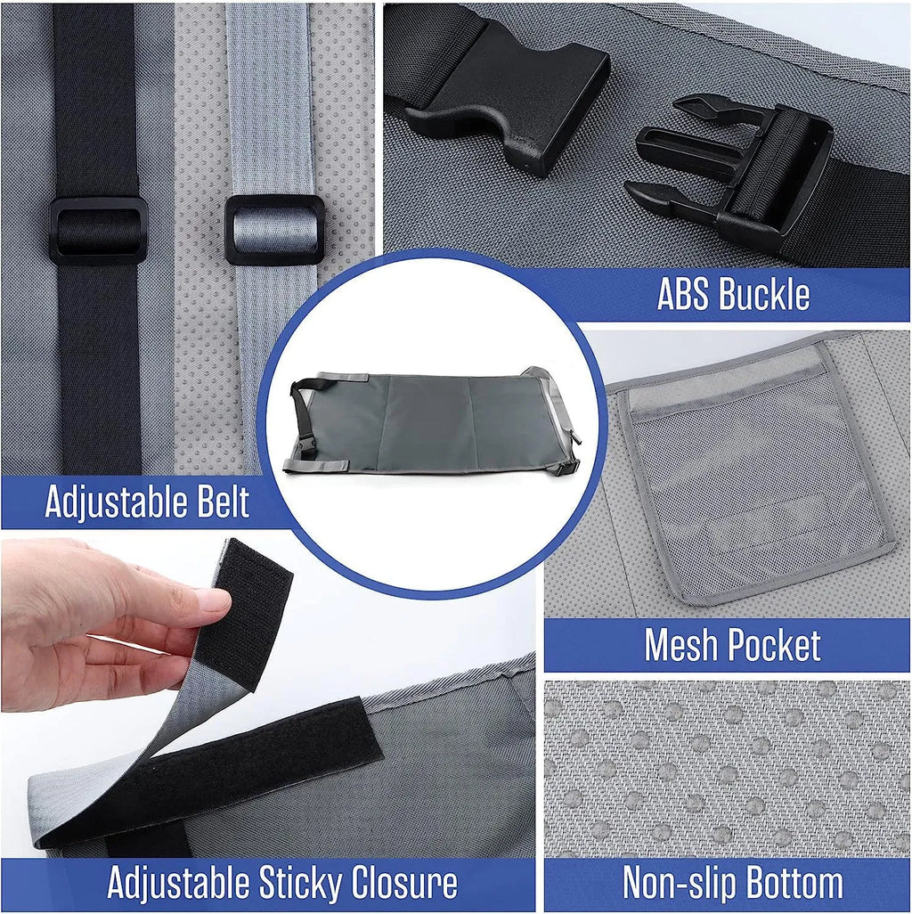 Portable children's aircraft pedal seat extender kit in blue nylon with a removable drawstring pocket