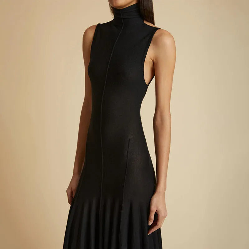 Women's slim-fit grey cotton dress with half turtleneck collar and backless design