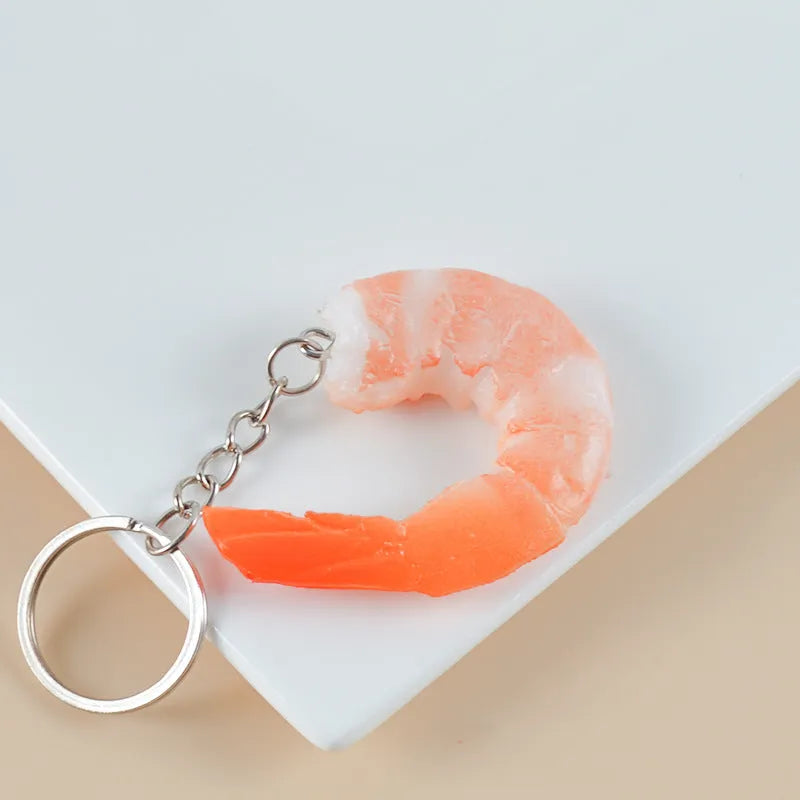 Simulation seafood shrimp keychain with detailed design and 1.5cm thickness made from PVC plastic