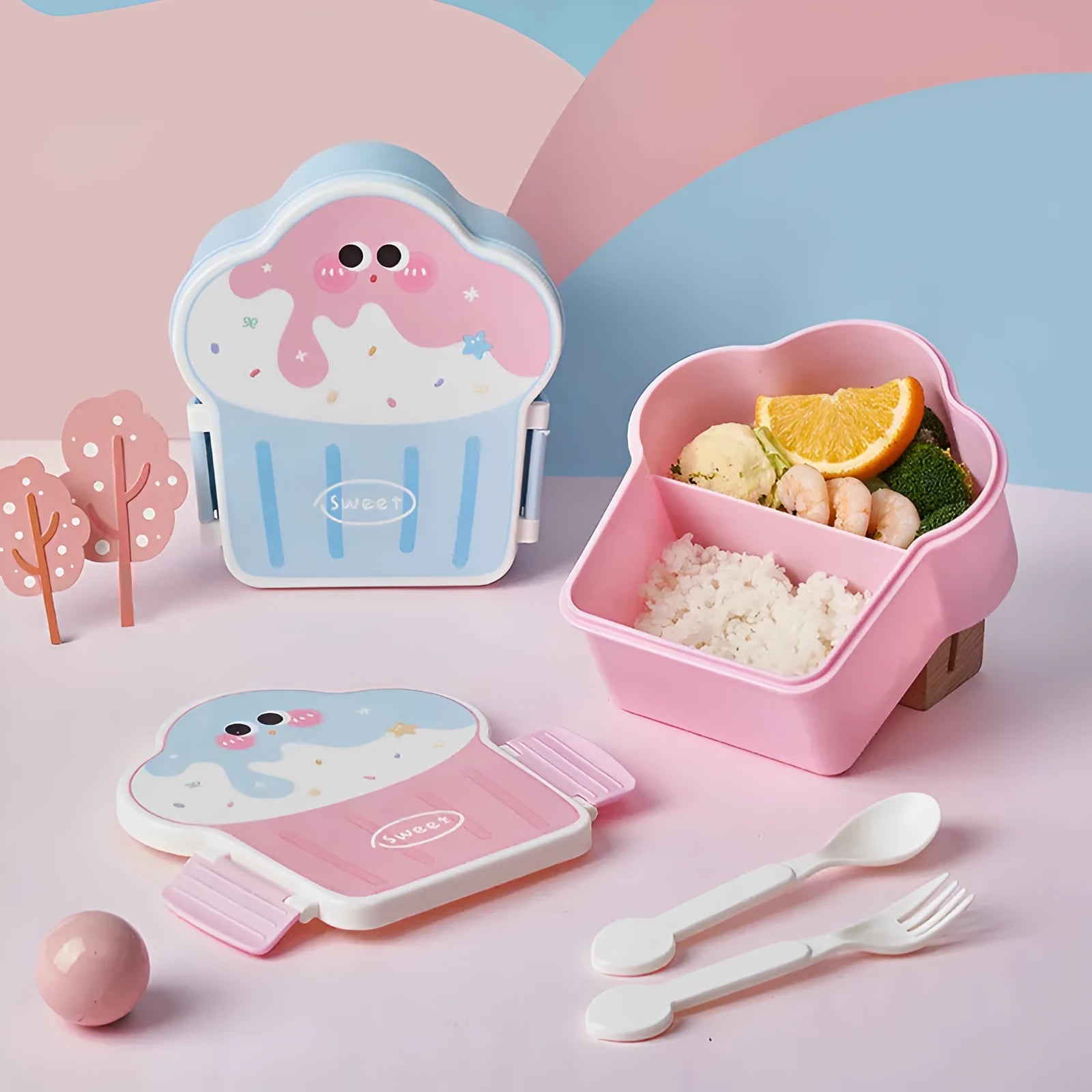 Creative ice cream shaped plastic lunch box with spoon and fork in blue or pink colours