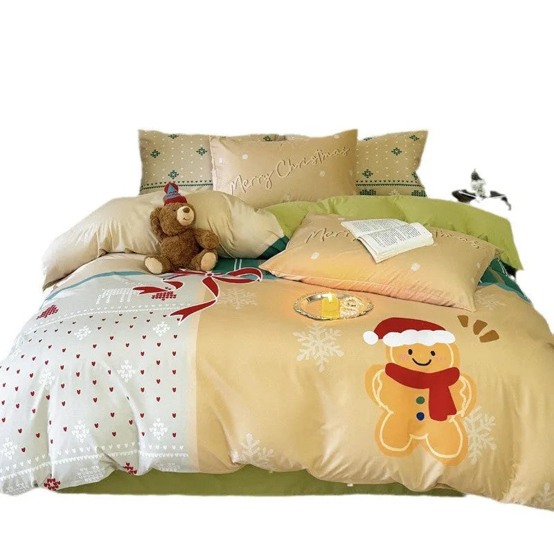 Super soft washed cotton cartoon printed bedding four-piece set on a bed, showing Gingerbread Man design.