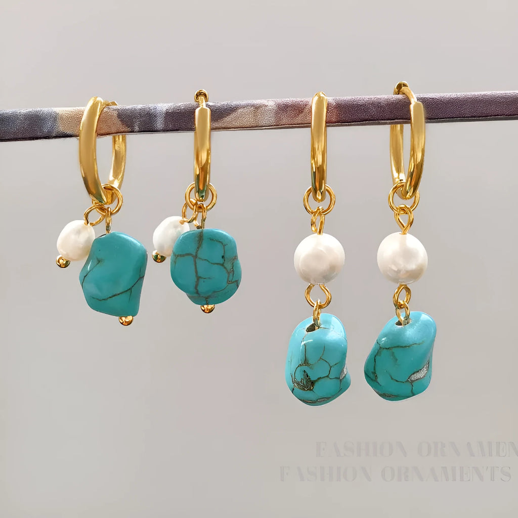 Geometric cultured pearl and turquoise ear clip earrings showing both short and dangle styles