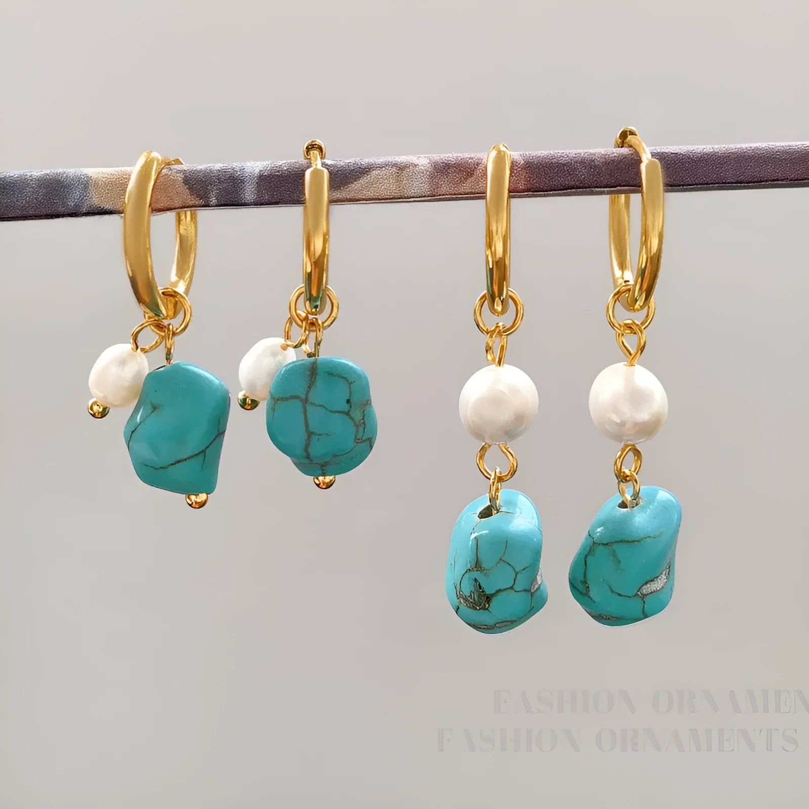Geometric cultured pearl and turquoise ear clip earrings showing both short and dangle styles