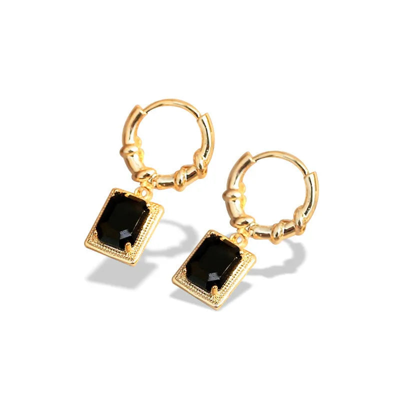 Copper earrings with geometric quadrilateral shape and black zircon stones in French Court retro style