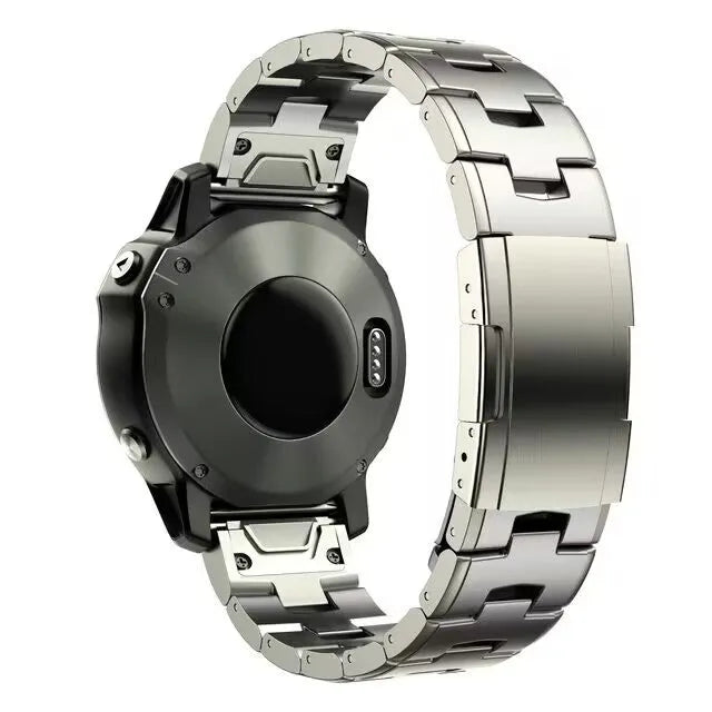 Silver metal replacement strap for Garmin Fenix Jiaming watch on grey background