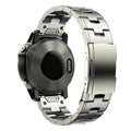 Silver metal replacement strap for Garmin Fenix Jiaming watch on grey background